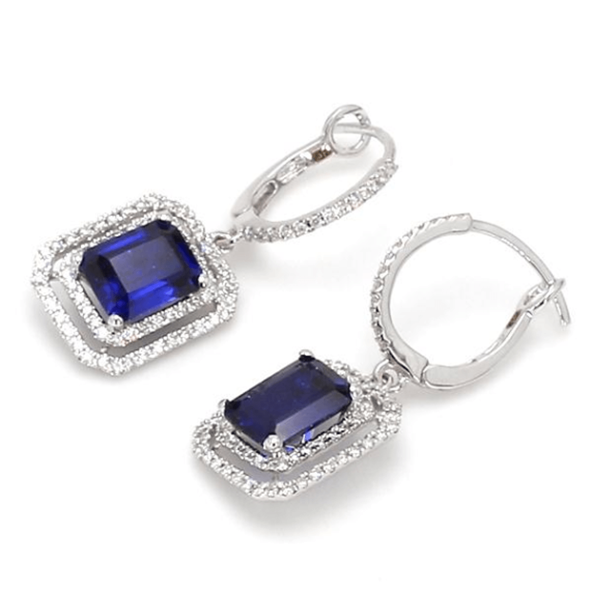 14k Emerald Cut Blue Sapphire & Lab Grown Diamond Drop Earrings - Lab Grown Diamonds Australia